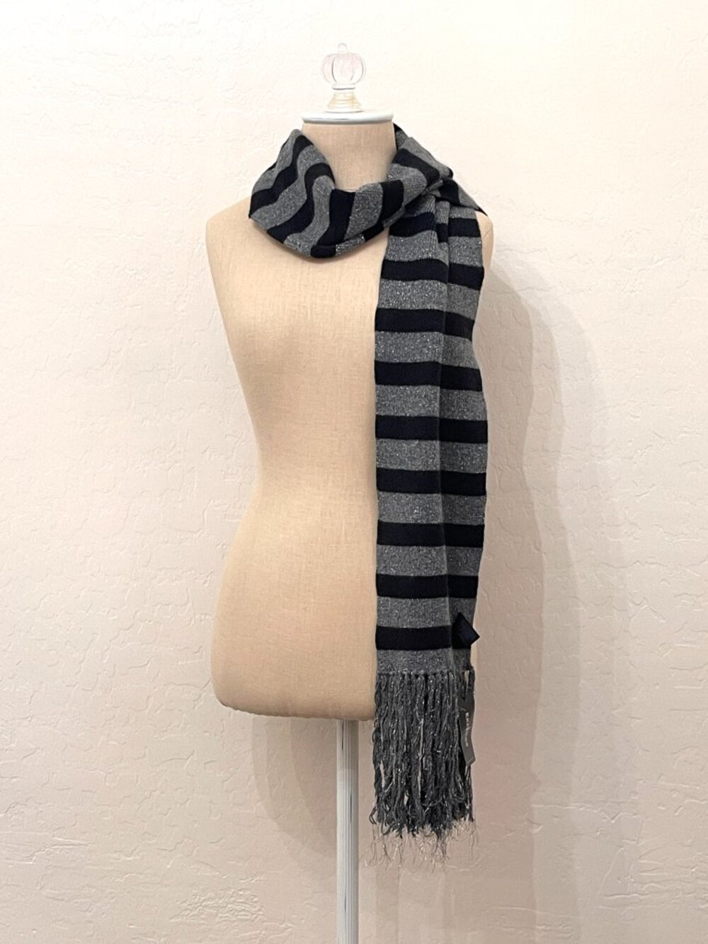 New Express Scarf Knit Stripe Fringe Long Unisex Black Gray Silver